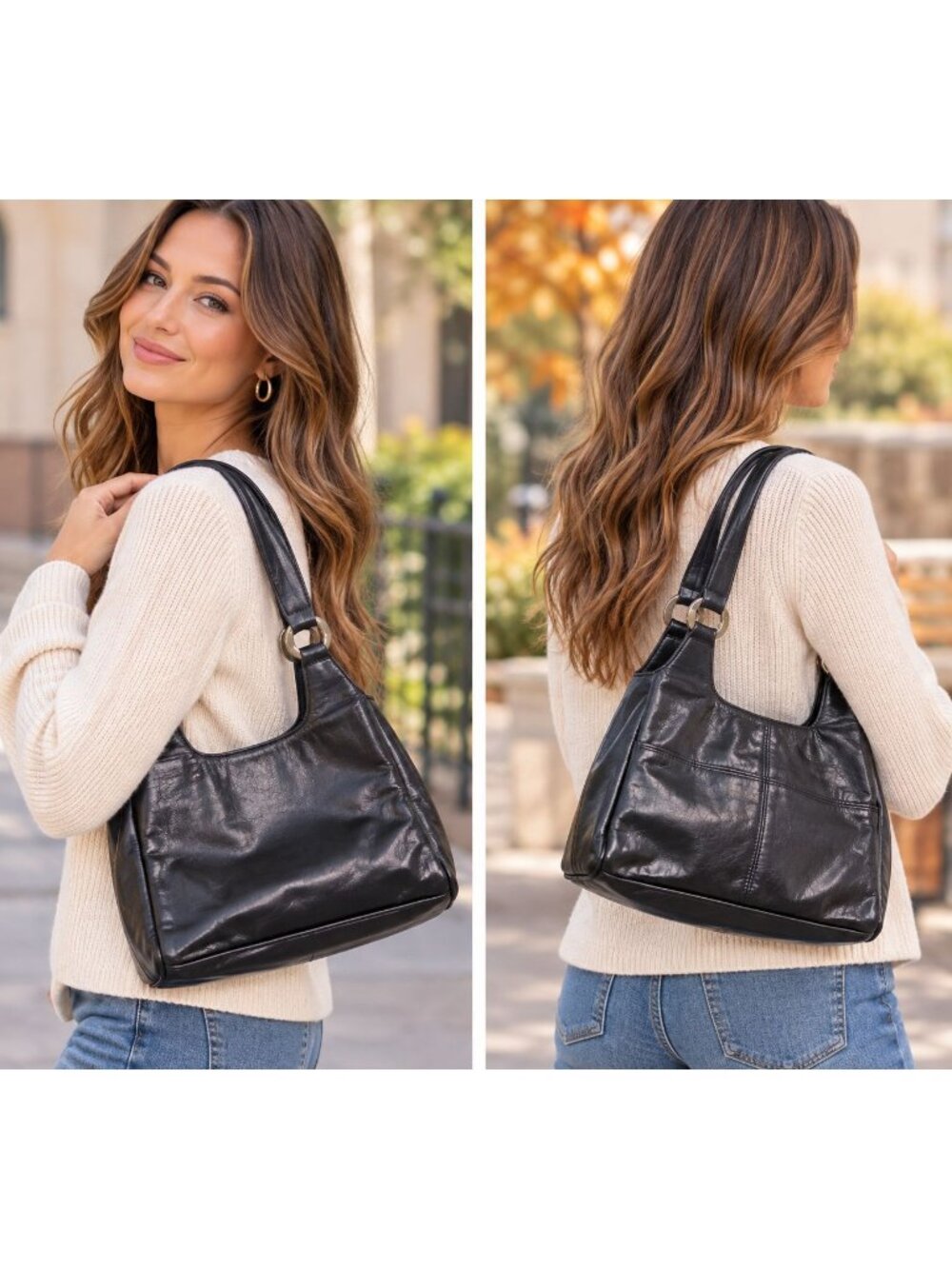 Mila Paoli Shoulder Bag Black Leather Double Handled Purse Made in Italy